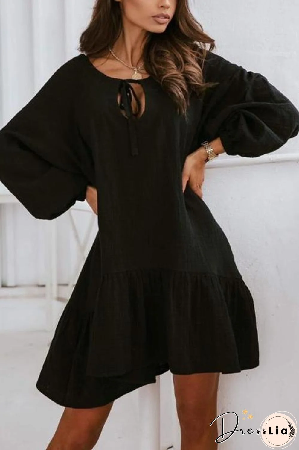 Linen Lace Up Puff Sleeve Mini Dress