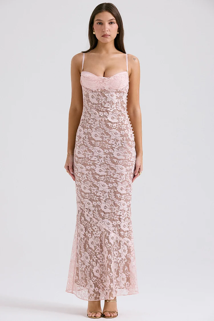 Floral Lace Backless Slim Fit Spaghetti Strap Maxi Dresses-Pink [Pre Order]