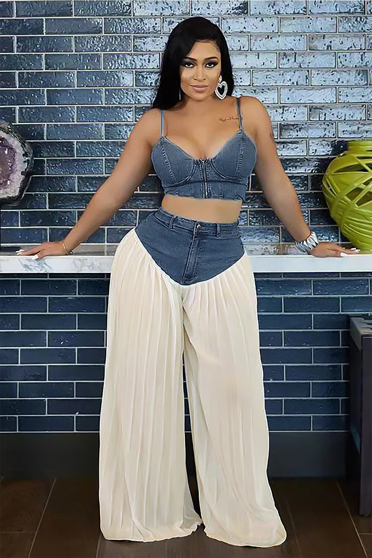 Denim Chiffon Patchwork Pleated Wide Leg Pants Crop Cami 2pcs Set-Blue