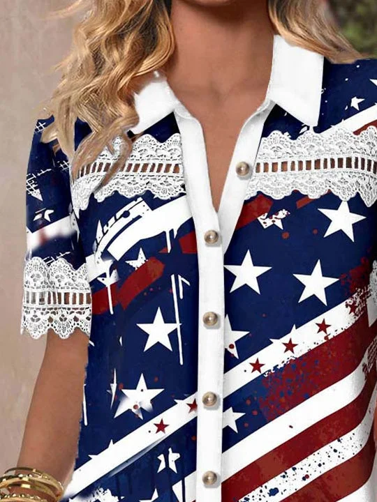 Women Short Sleeve V-neck Striped Star Printed Graphic Lace Hollow Stitching Button Tops