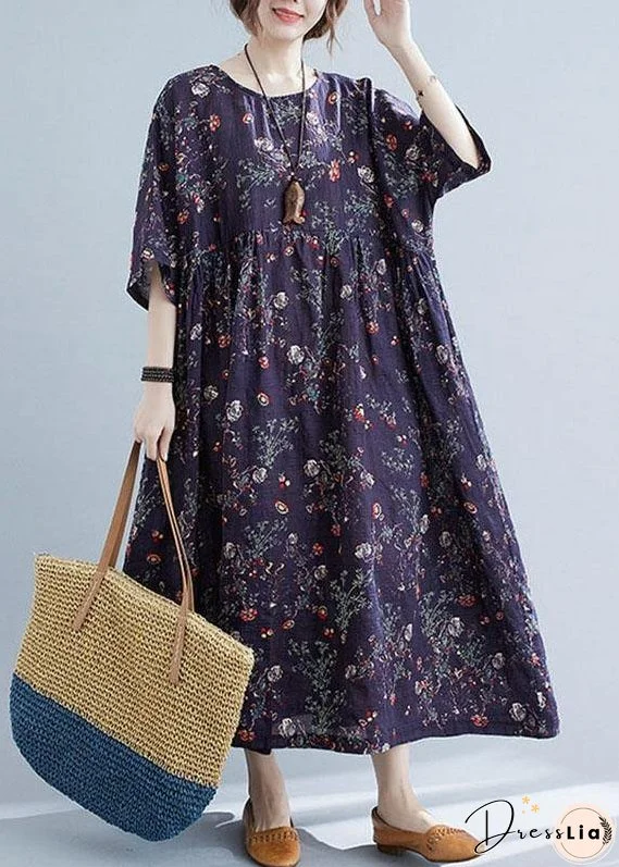 French Navy Print Pockets Loose Summer Half Sleeve Long Dress