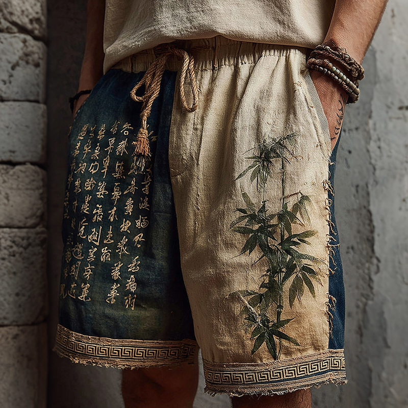Men's  Vintage Ancient Calligraphy And Bamboo Leaves Printed Art Linen Blend Shorts elevenforest