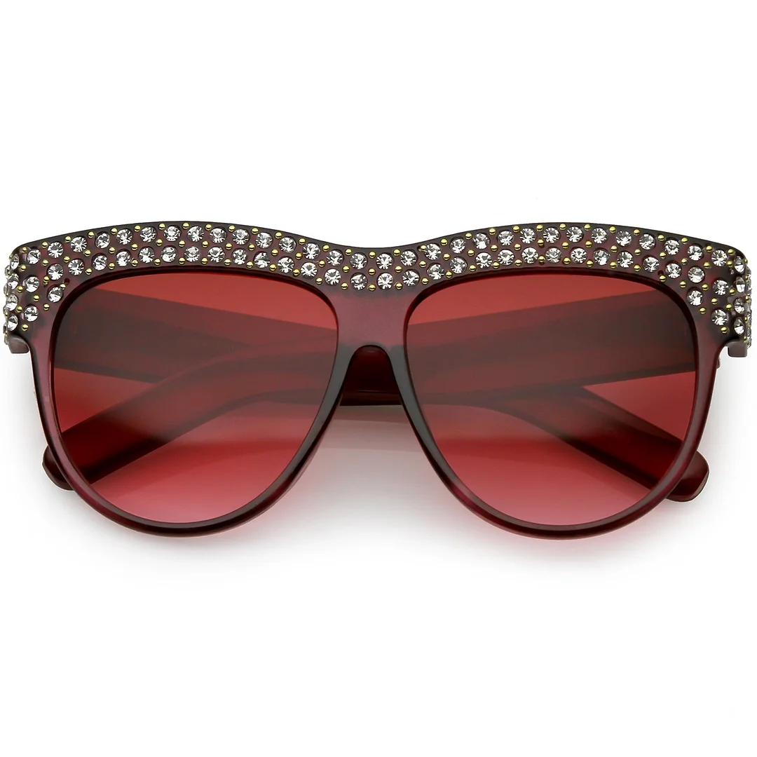 Handcrafted Rhinestone Stud Embellished Oversize glasses Round Flat Lens 57mm