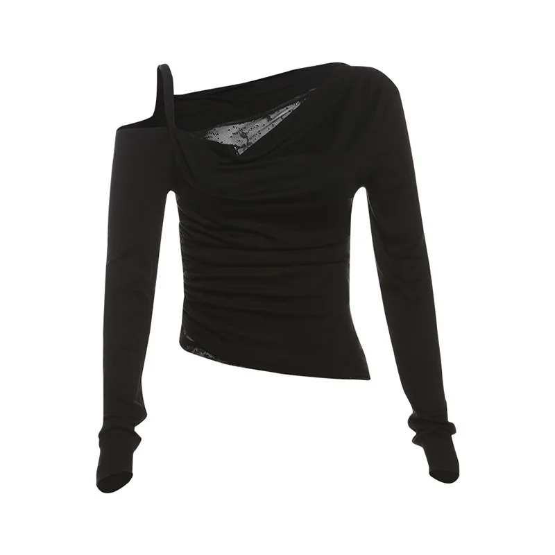 Uveng 2024 Autumn New Women's Clothing Shoulder-Slanted Collar Hollow Perspective Folding Body To Close The Waist On The Umbilical