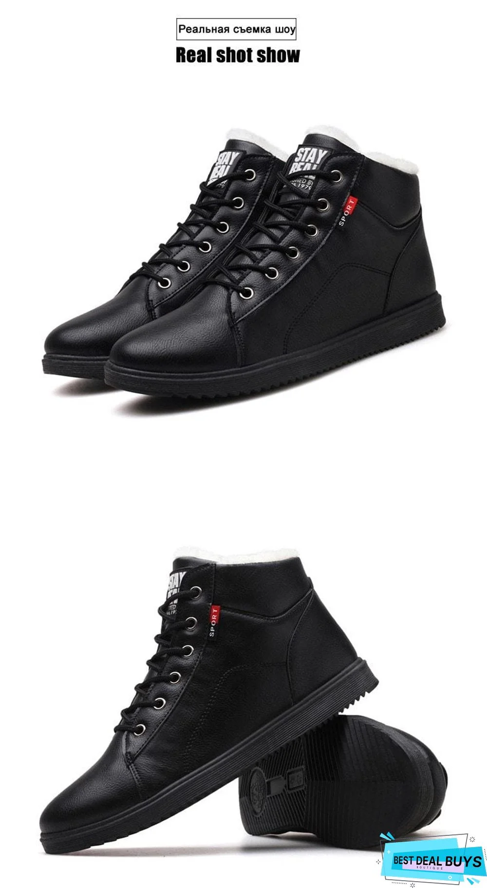 Men's Winter Boots Waterproof Short Plush Solid Fashion Ankle Boots Round Toe Wear-Resistant Male Boot