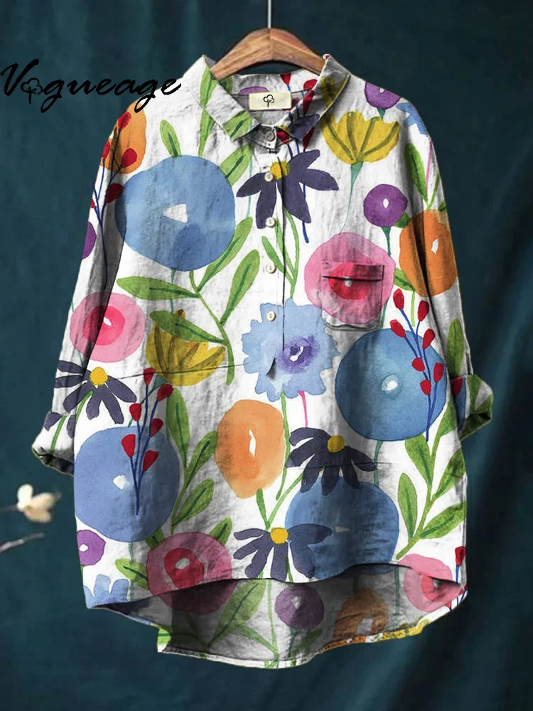 Hand Drawn Plants And Flowers Printed Cotton And Linen Shirt