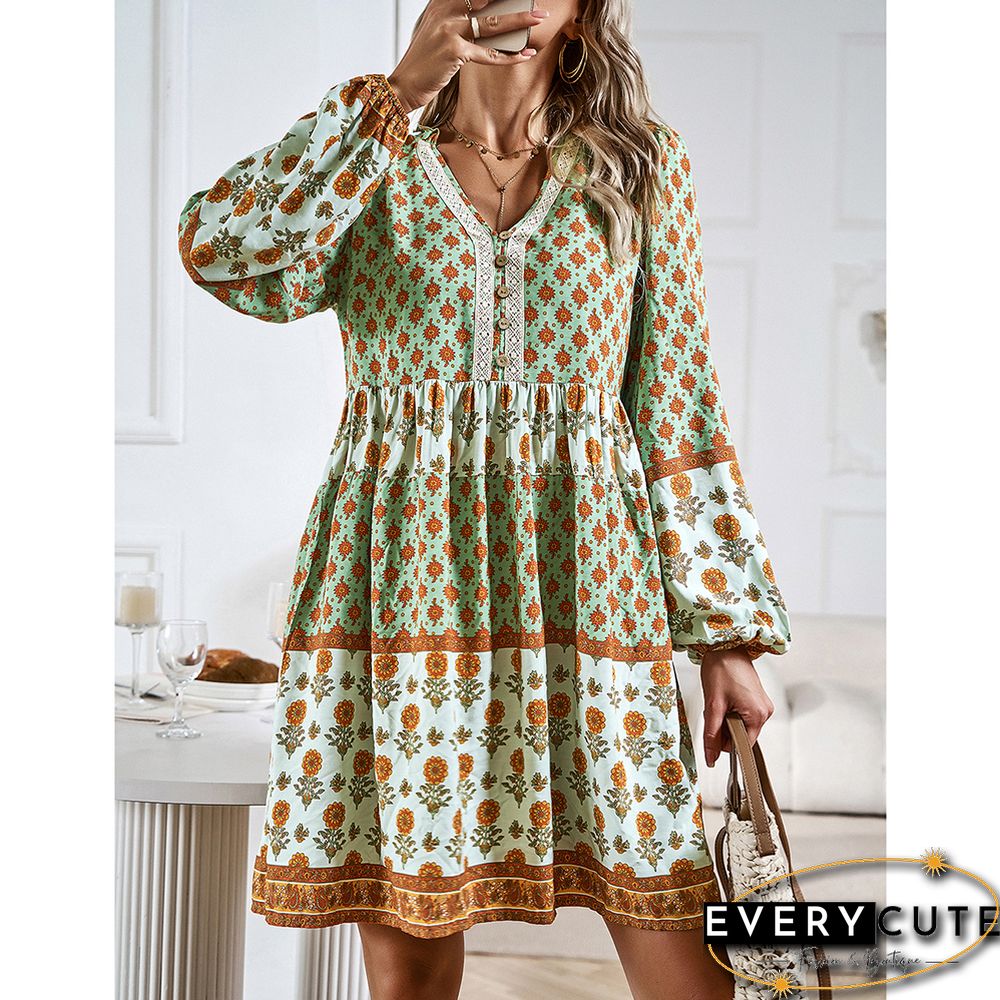 Light Green Bohemia Print Button Detail V Neck Long Sleeve Dress
