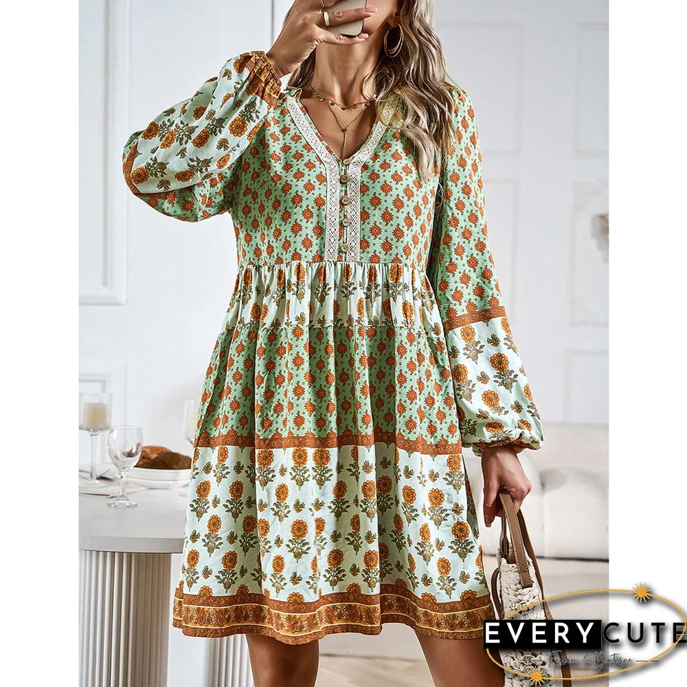 Light Green Bohemia Print Button Detail V Neck Long Sleeve Dress