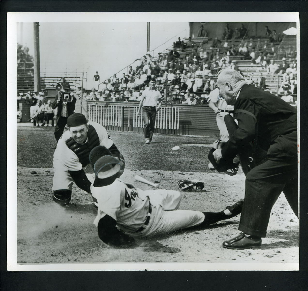 Yogi Berra & Joe Caffie play at home plate 1956 Press Photo Poster painting Yankees Indians