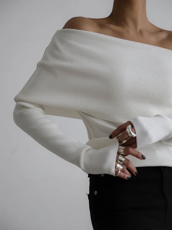 Half Sleeves Loose Solid Color Off-The-Shoulder Knitwear Pullovers Sweater Tops