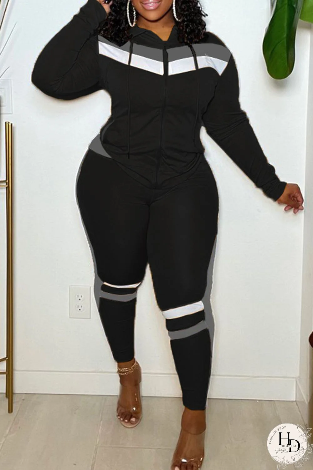 Black Fashion Casual Patchwork Basic Hooded Collar Long Sleeve Two Pieces
