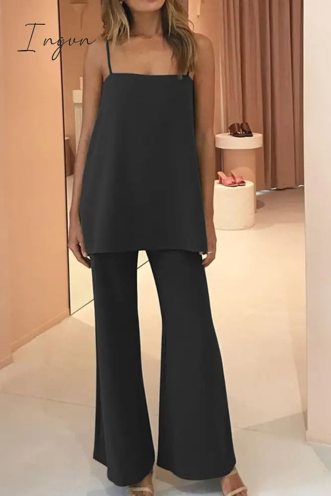 Ingvn - Casual Solid Patchwork Spaghetti Strap Sleeveless Two Pieces(4 Colors) Black / S