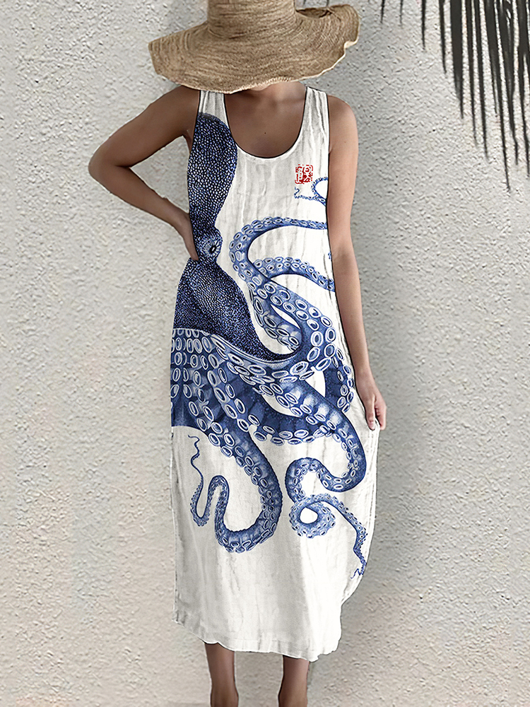 Comstylish Japanese Art Octopus Print Sleeveless Midi Dress