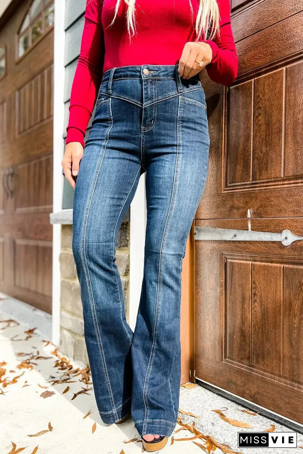 Blue High Waist Seam Stitching Pocket Flare Jeans