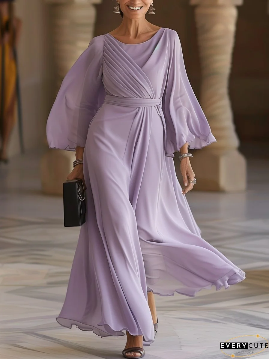 Round Neck Gathered Waist Maxi Dress