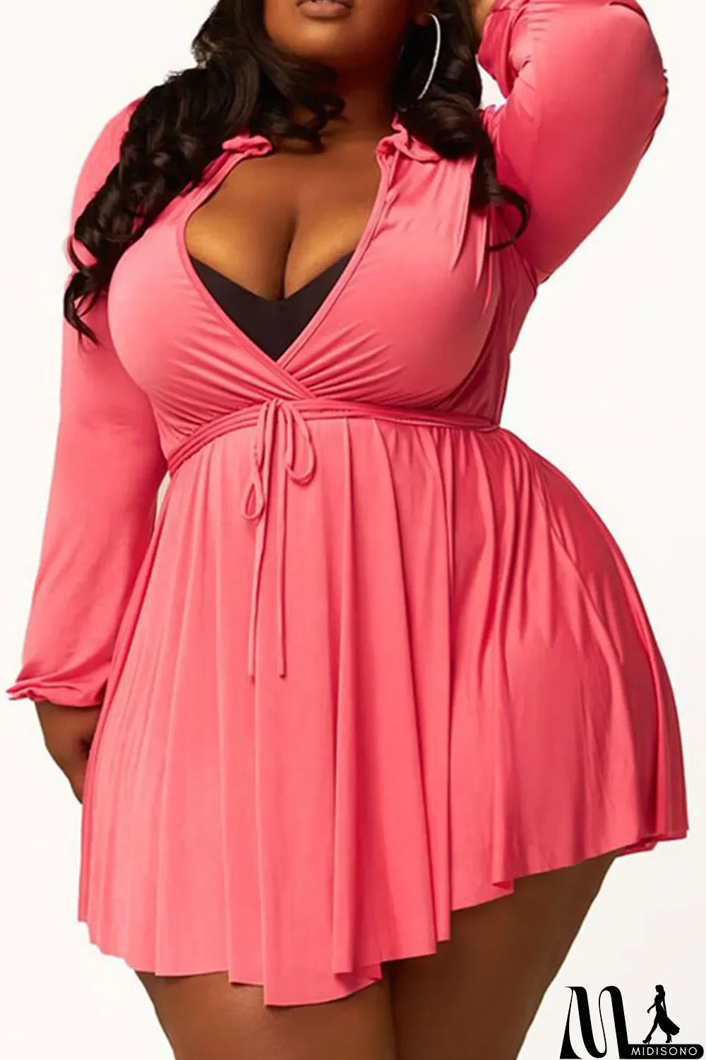 MidiSono - Rose Red Casual Solid Patchwork Frenulum Asymmetrical Turndown Collar A Line Plus Size Dresses