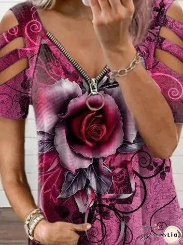 Printed V-neck Off Shoulder T-shirt