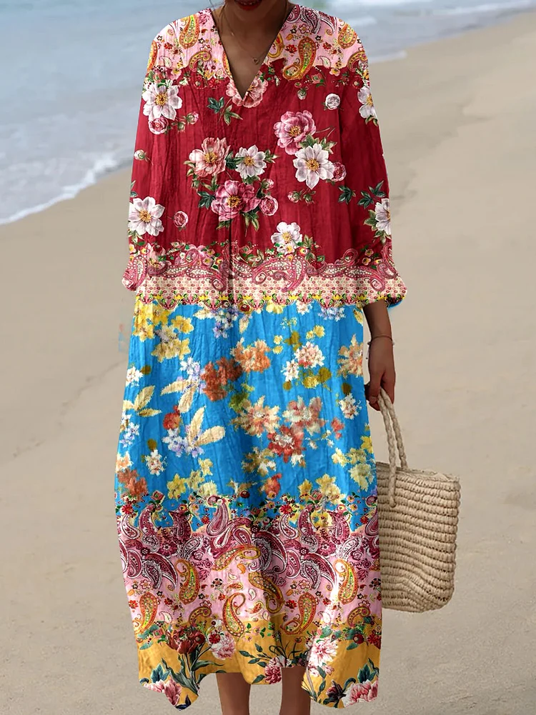 Womens Art Gradient Rose Floral Pattern Print Cotton and Linen Dress