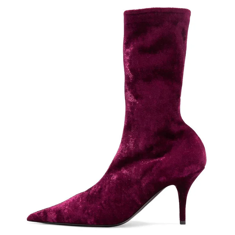 Burgundy Velvet Pointed Toe Stiletto Heel Mid-Calf Sock Boots |FSJ Shoes