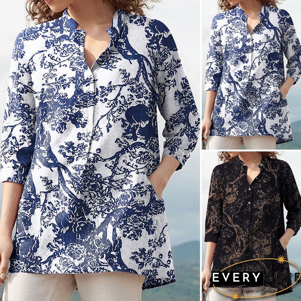 Womens Fashion Casual Cotton Top Autumn Floral Print Neck Sleeve Baggy Retro Shirt Blouse