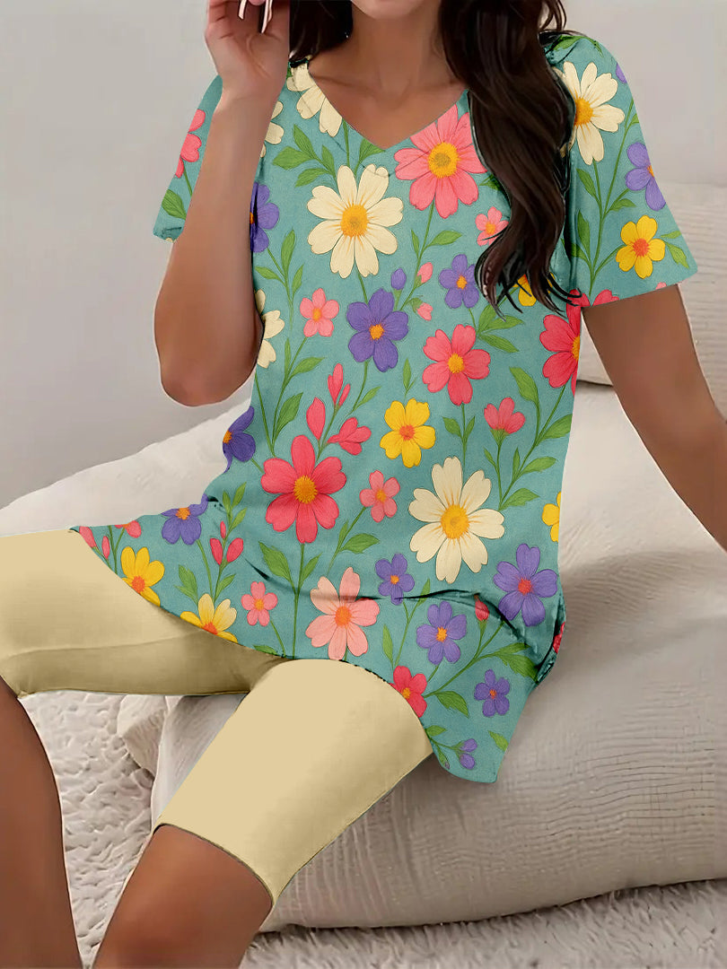 Women Long Sleeve V-neck Graphic Floral Printed Top