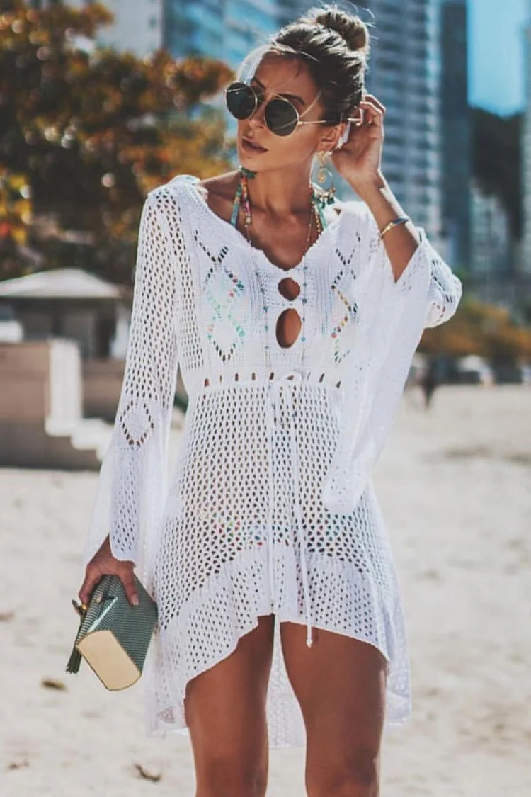 Flare Sleeve Drawstring Crochet Cover Up-elleschic