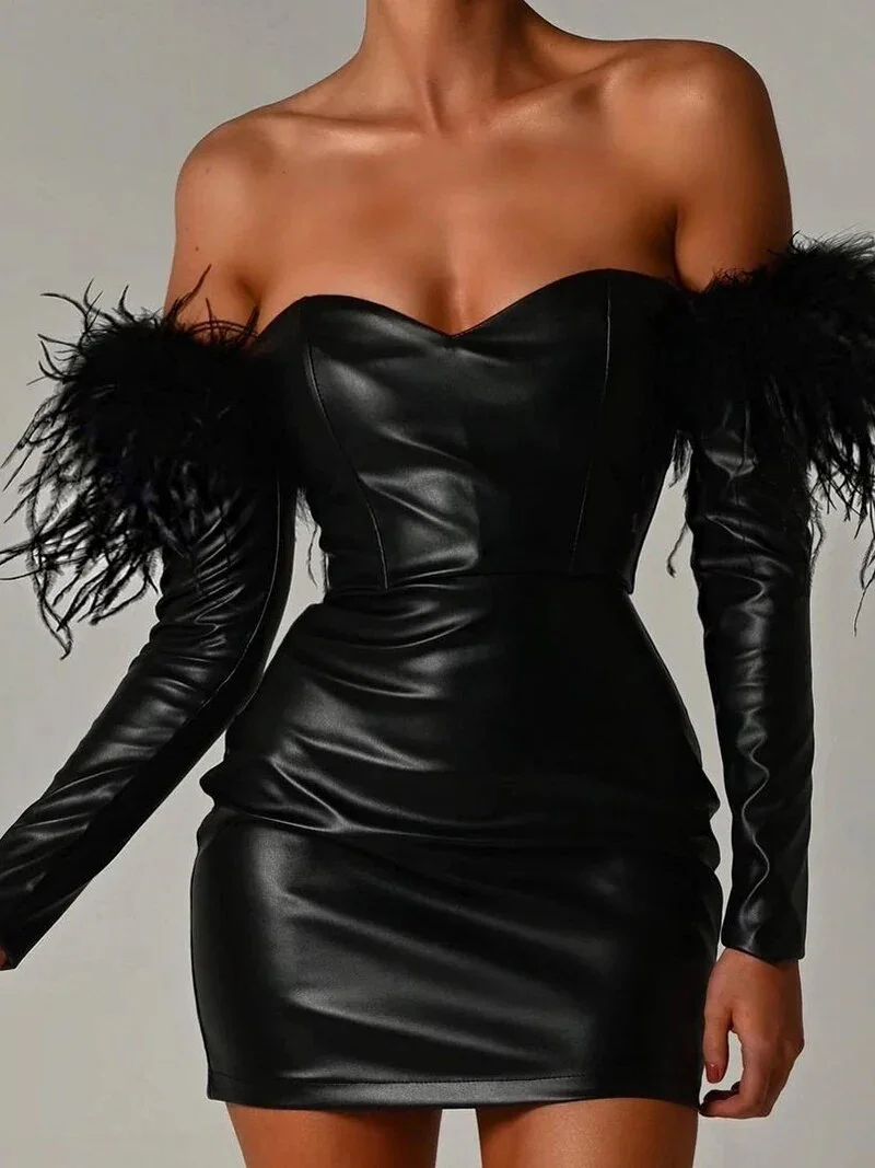 Off-the-shoulder feather-sleeved PU leather mini dress