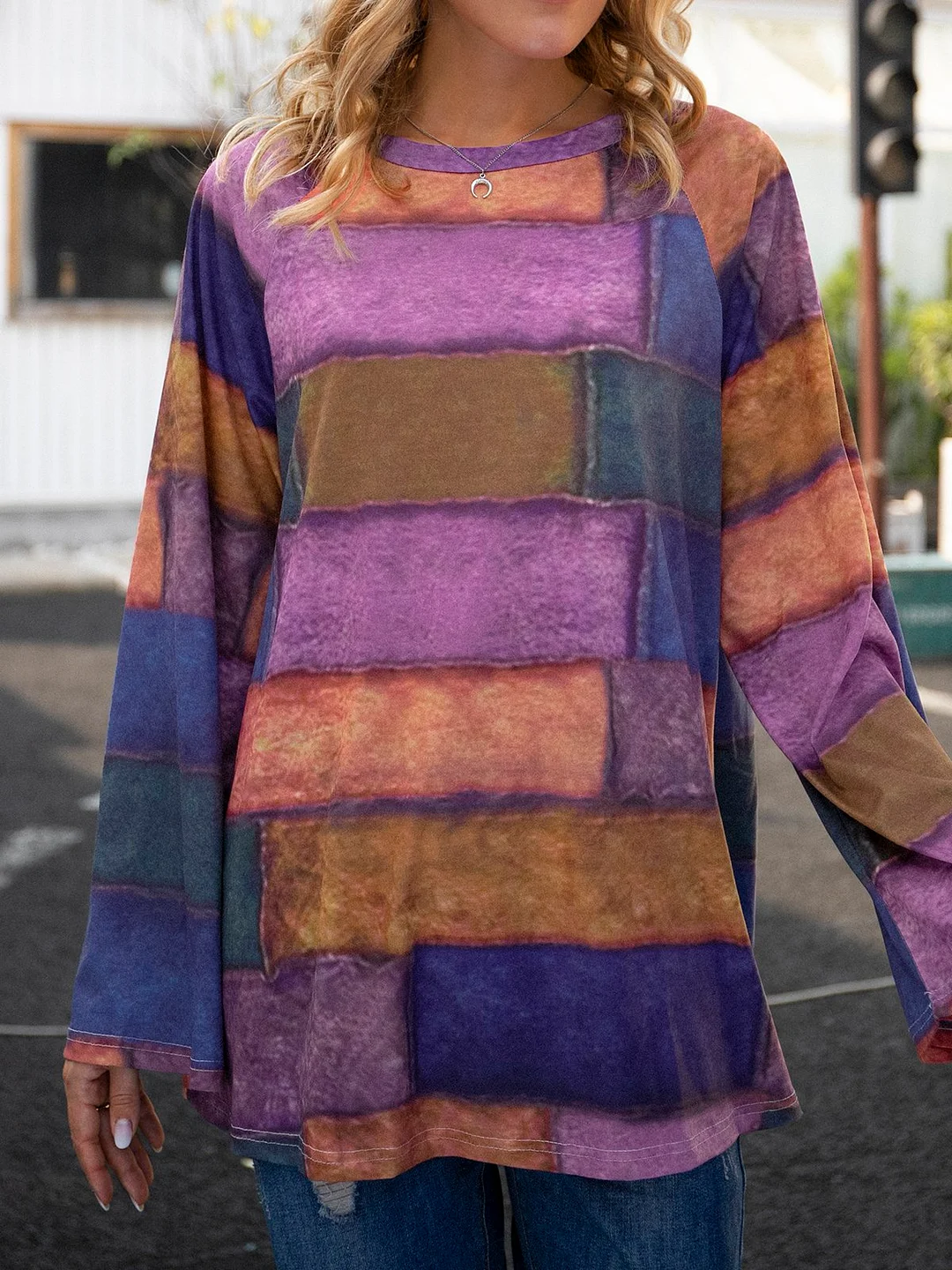 Floral-Print Crew Neck Long Sleeve Casual Tops