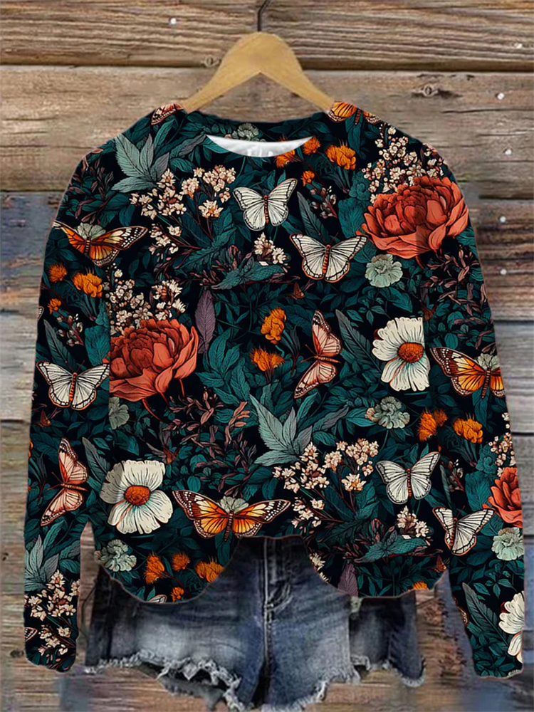 🔥kukelife🔥Women's Vintage Butterfly Floral Print Round Neck Sweatshirt
