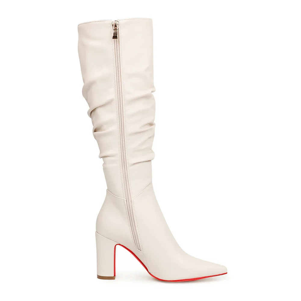 3.35"/8.5cm Women's Knee Red Bottom Boots Chunky Heels Zipper Fashion Sexy Matte Slouchy Boot-MERUMOTE