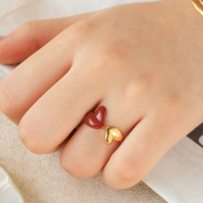Elegant Sweet Heart Shape 304 Stainless Steel 14K Gold Plated Enamel Open Rings