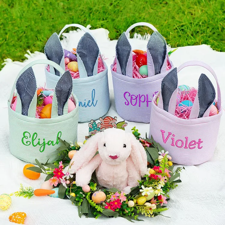 Custom Name Easter Bunny Basket for Kids, Embroidered Seersucker Easter Basket for Egg Hunt, Spring Easter Gift for Children