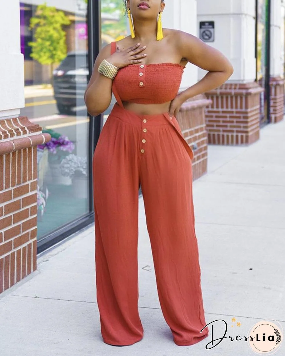 Bandeau Shirred Crop Top & Suspender Pants Set