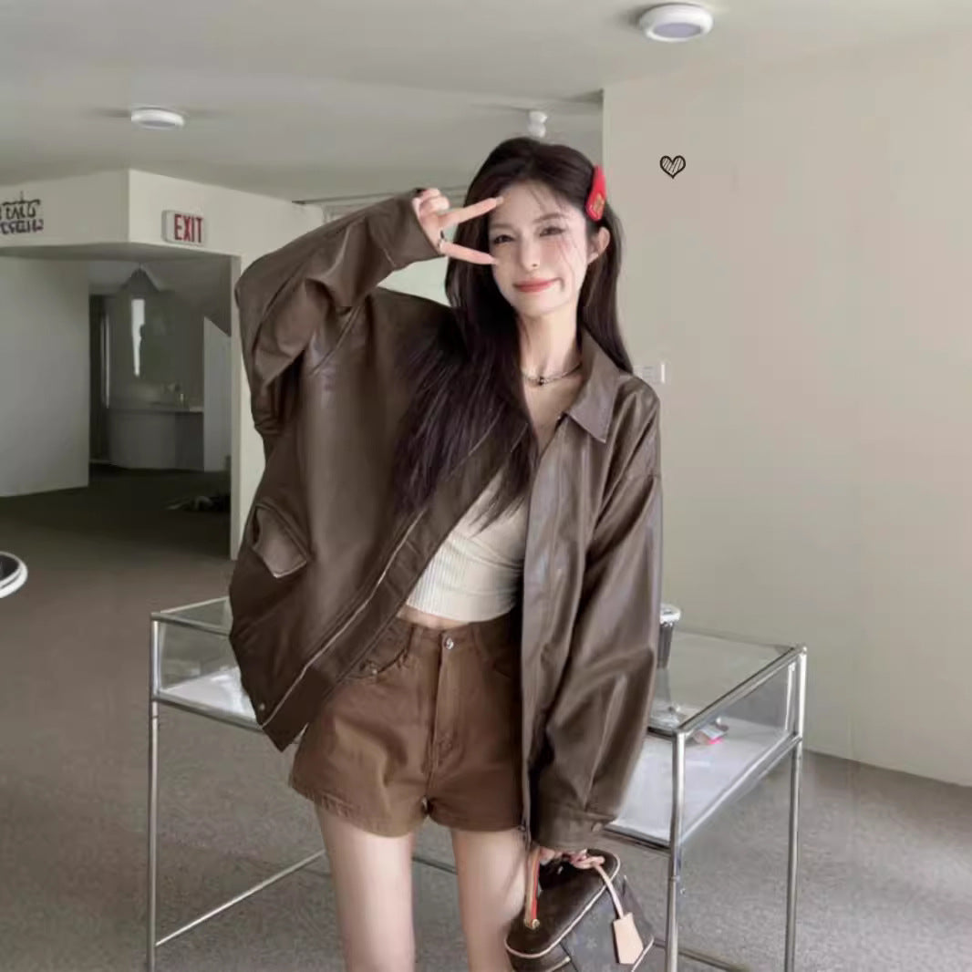 Aiertu y2k outfits Retro American-Style Brown Leather Jacket Women's Autumn Black Sweet Cool Motorcycle PU Leather Loose Long-Sleeved Top aiertu