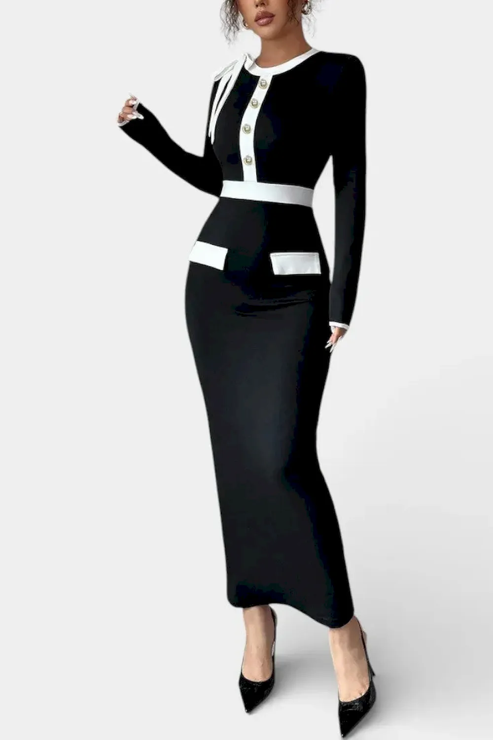 Fitted Long Dress with Round Neck, Bow, and Color-Block Detail