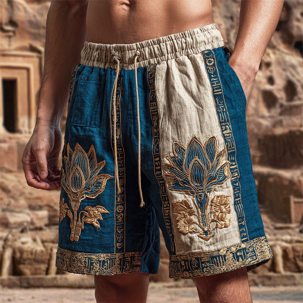 Comstylish Egypt Seshen Lotus Pattern Men's Linen Loose Short