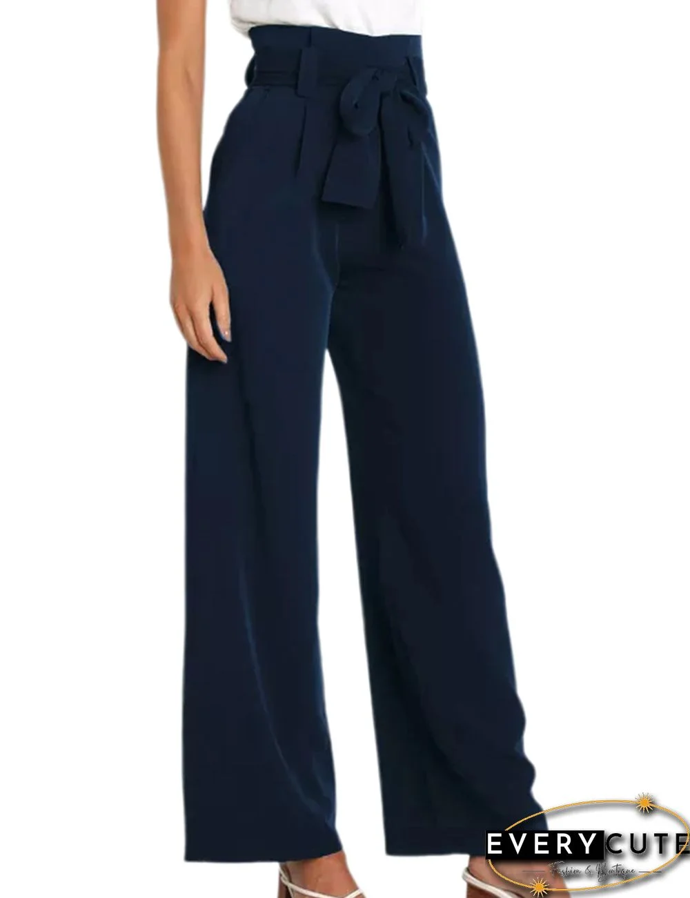 Navy Blue Wide Leg High Waist Pocket Pants with Belt