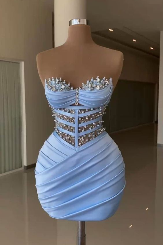 Glamorous Satin Strapless Sleeveless Sweetheart Pleated Homecoming Dress with Beadings