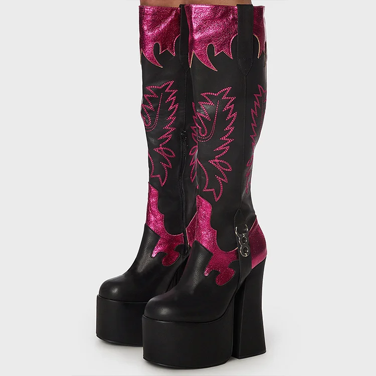 Fuchsia & Black Platform High Heels Round Toe Halloween Knee Boots |FSJ Shoes