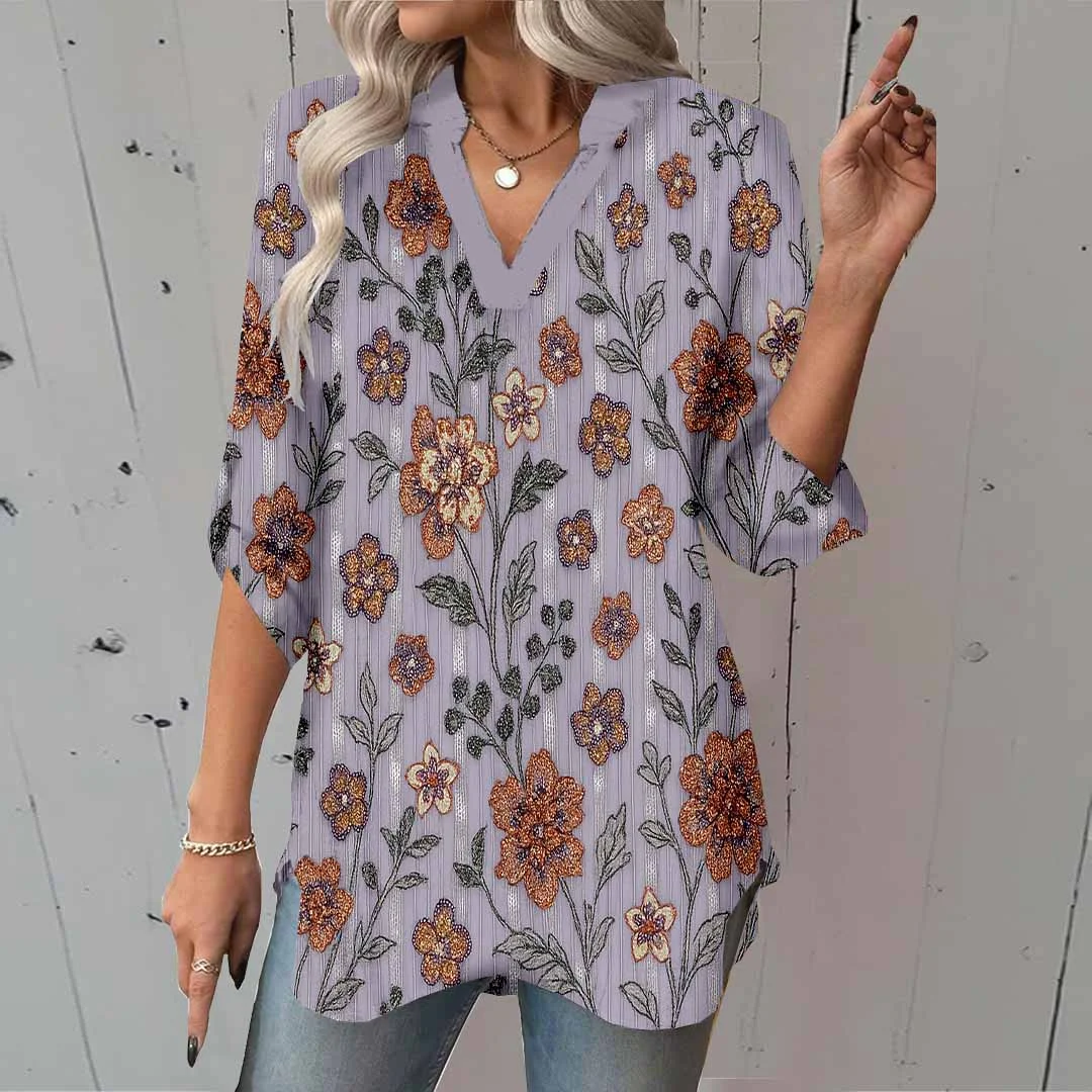 Women Floral, Shiny, Purple, Orange DZGA0180 3/4 Sleeve V-neck Printed Graphic Button Tops