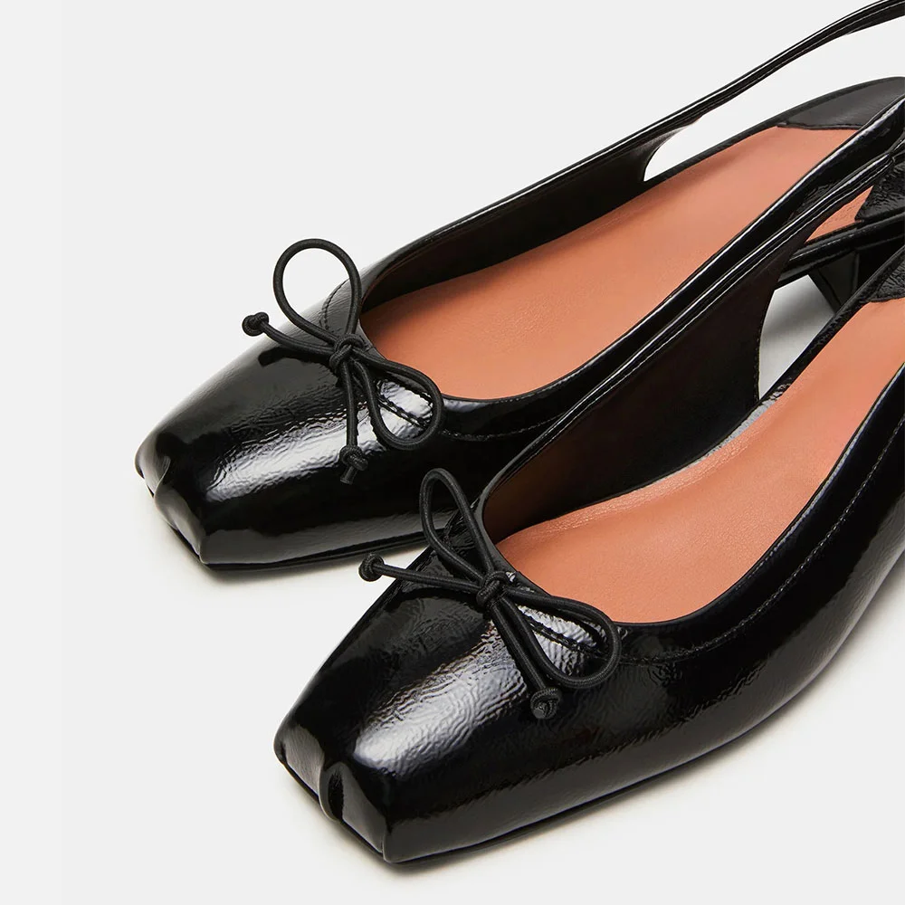 Women's Elegant Black Square Toe Bow Slingback Low Block Heel Pumps