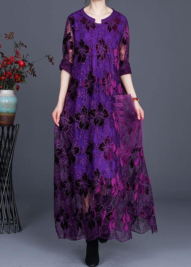 Chic Purple Lace Maxi Dress Caftans Loose Dresses