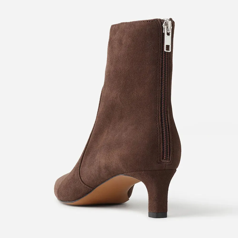 Brown Vegan Suede Square Toe Kitten Heel Ankle Boots with Zipper