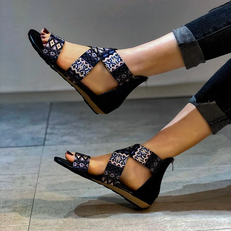 2022new women's flat sandals summer zipperopen toe women's shoes plus size beach leathersandals retro print ethnic style sandals