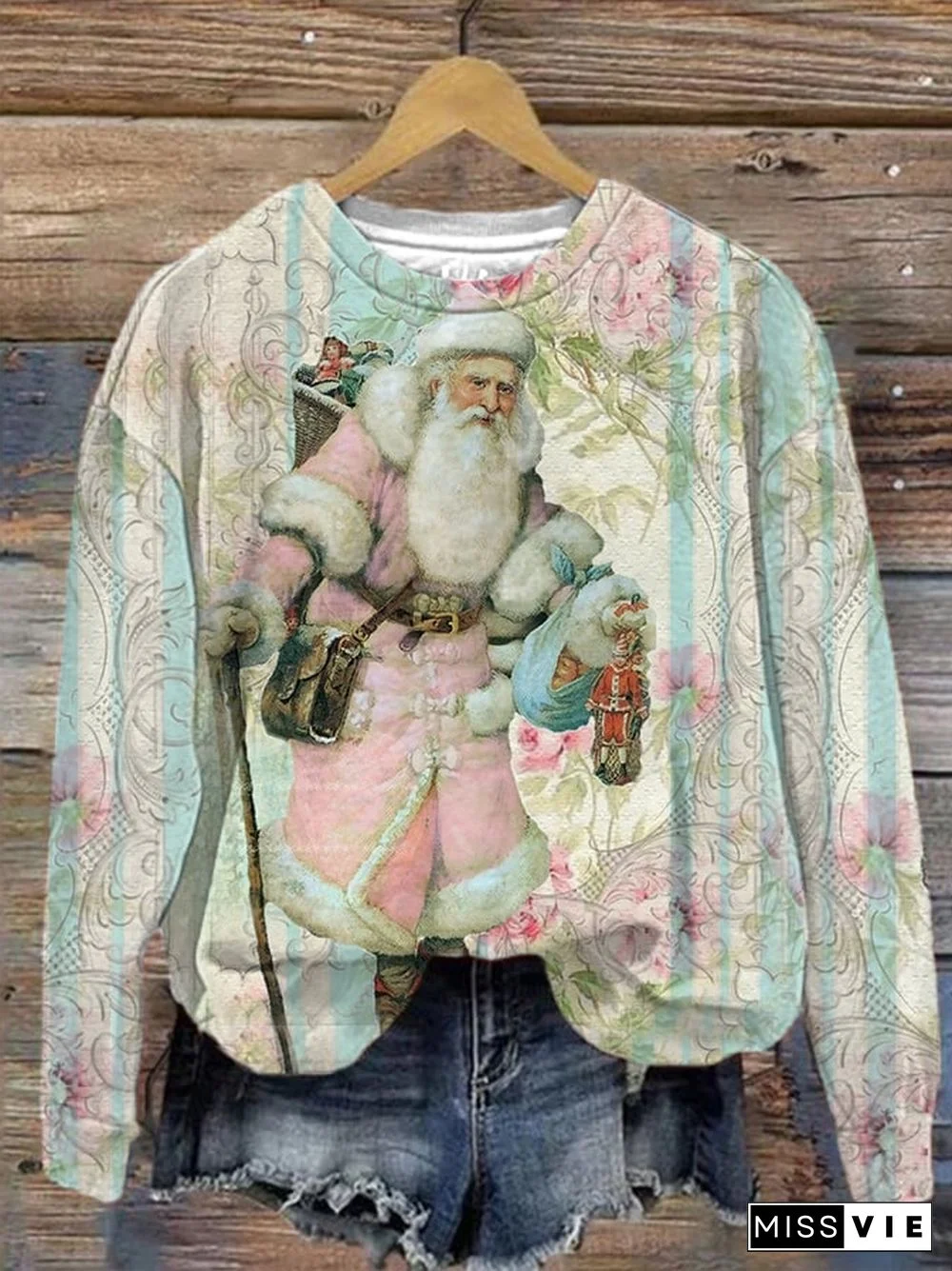 Women's Pink Vintage Santa Print Sweatshirt