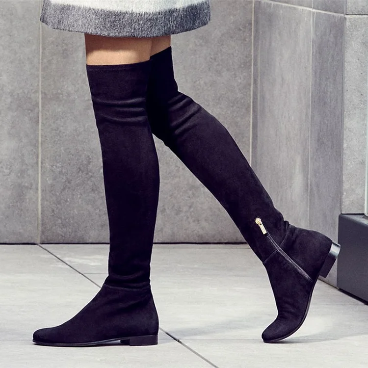 Black Flat Thigh High Boots Round Toe Vegan Suede Long Boots |FSJ Shoes
