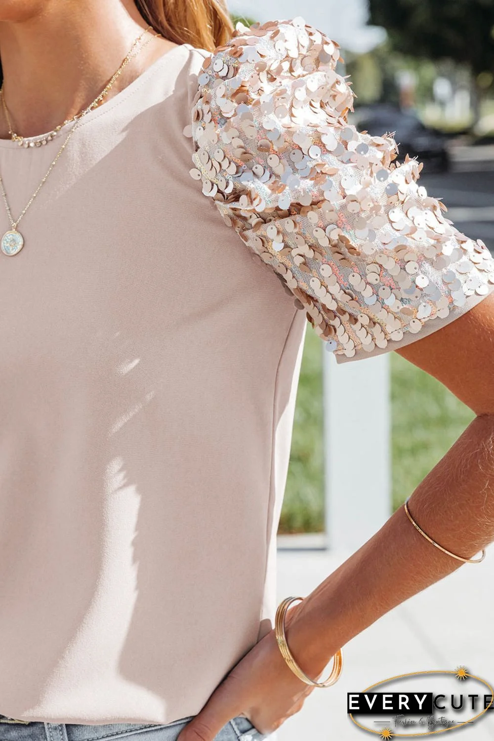 Khaki Ruched Sequin Sleeve Crew Neck Top