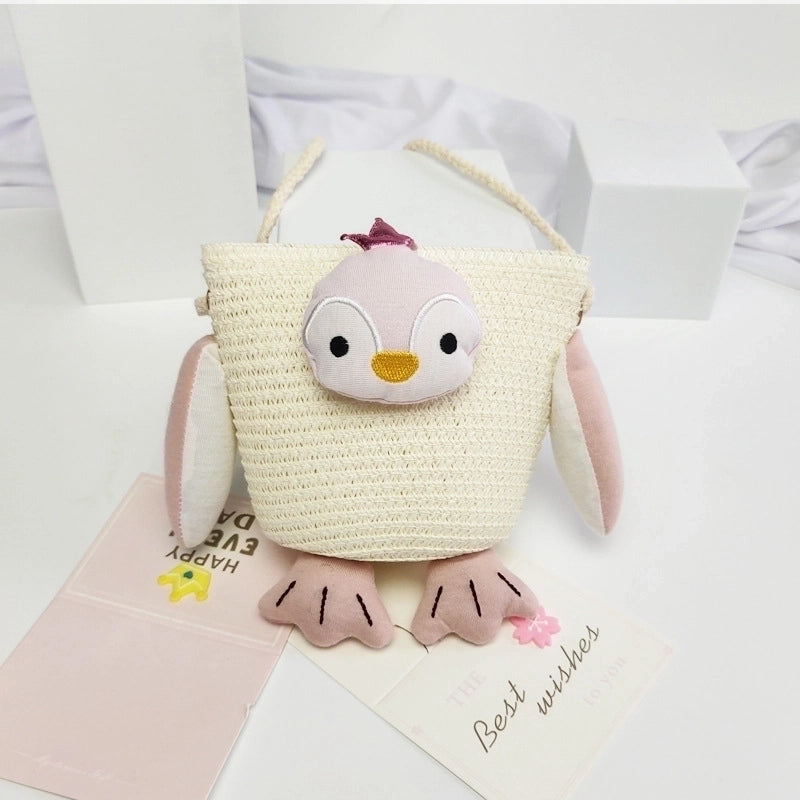 Kid’s Straw Animal Bear Cute Square Zipper Crossbody Bag Straw Bag Coin Purse