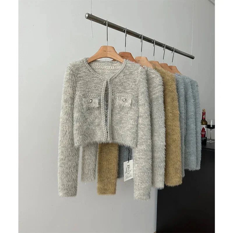 Huiketi Women Grey Cardigan Knitted Sweater Harajuku Korean 90s Y2k Solid Color Long Sleeves Mohair Sweater Jumper Vintage 2000s Clothes