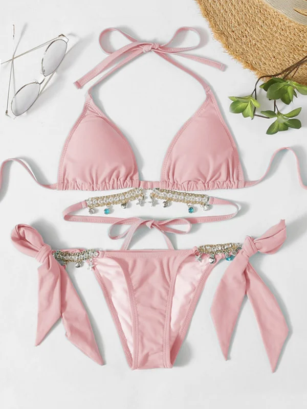 Beaded Decorated Halterneck Padded Triangles Tie Side Plain Bikini Swimwear